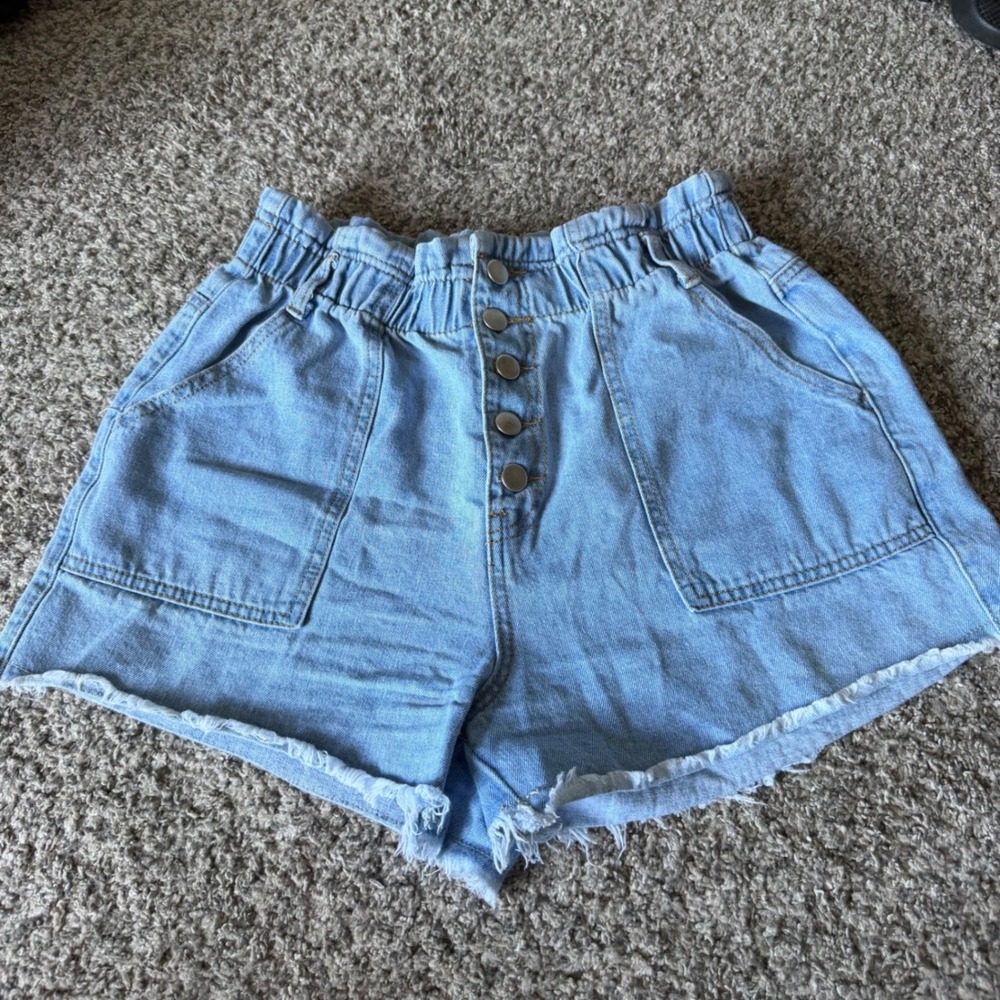 Aaron & Amber Light Wash Paperbag Waist Button Fly Denim Shorts Womens Large